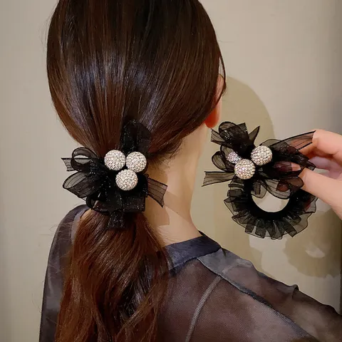 Chouchou Coréen en Maille avec Billes en Strass Nœud en Tulle Noir Élastique à Cheveux Mode pour Femmes