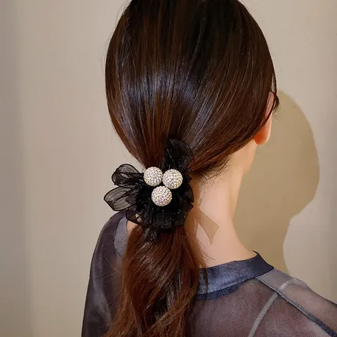 Chouchou Coréen en Maille avec Billes en Strass Nœud en Tulle Noir Élastique à Cheveux Mode pour Femmes
