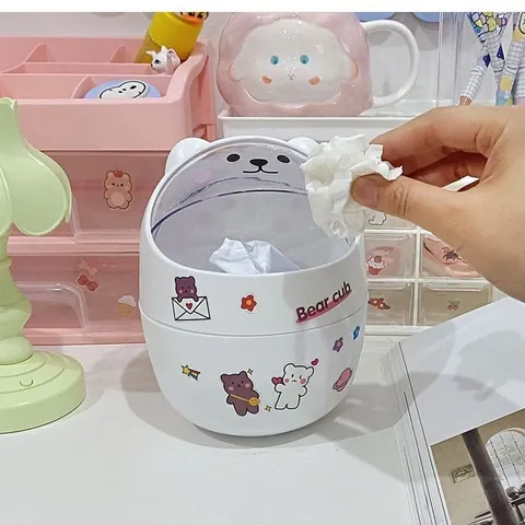 Mini Tischmülleimer Süß Cartoon Bär Plastik Mülleimer Mit Deckel Für Büro Schlafzimmer Schreibtisch Aufbewahrungsbehälter