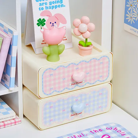 Leuke Roze Blauwe Ruitjes Desktop Opslagdoos Plastic Hart Handvat Organizer Doos Voor Kantoor Thuis Kantoorbehoeften