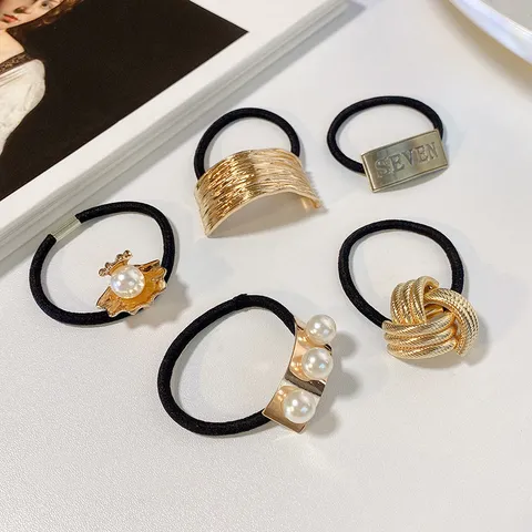 Korean Style Irregular Gold Metal Plate Hair Ring With Artificial Pearl Elegant High Elastic Ponytail Holder Hair Accessories For Women