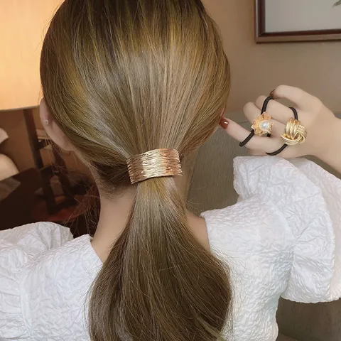 Korean Style Irregular Gold Metal Plate Hair Ring With Artificial Pearl Elegant High Elastic Ponytail Holder Hair Accessories For Women