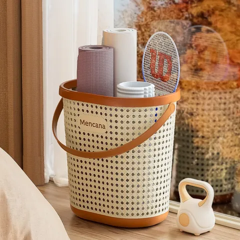 Nordischer Kunststoff Imitation Rattan Wäschekorb Große Kapazität Tragbarer Aufbewahrungskorb Hohles Design Heim Kleidung Organizer