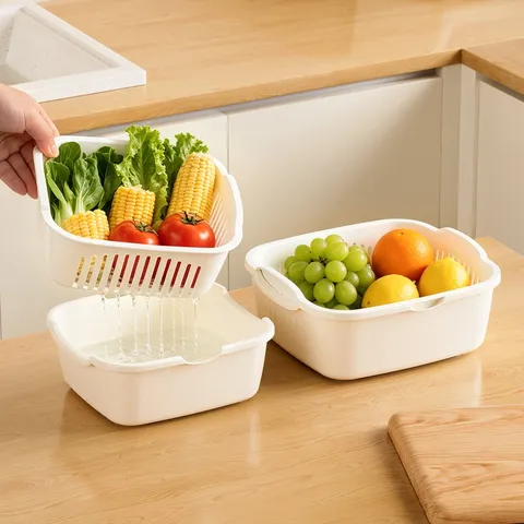 Doppelschichtige Küche Abtropfkorb Kunststoff Obst und Gemüse Waschbecken Haushalt Stapelbar Reis Sieb Aufbewahrungs-Organizer