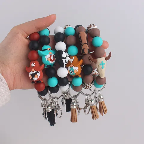 Westerse Cowboy Siliconen Kralen Sleutelhanger Armband Met Leren Kwastje Voor Dames Koepatroon Hart Laars Stierkop Tas Charm Sleutelring Accessoire Cadeau