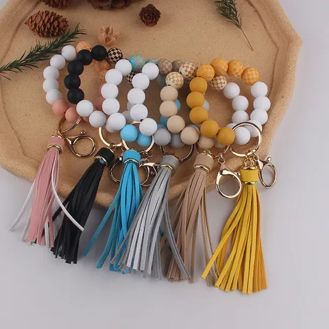 Checkerboard Wooden Bead Silicone Keychain Wristlet Fashion Faux Leather Tassel Key Ring Bangle Bracelet Pendant Ornament For Women Men