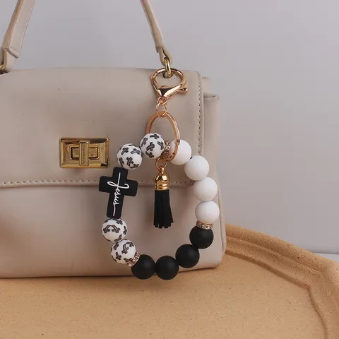 Silicone Beaded Wristlet Keychain With PU Tassel Alloy Lobster Clasp Religious Cross Pendant Color Block Printed Keyring For Car Keys Handbag Decoration Unisex Jewelry Gift