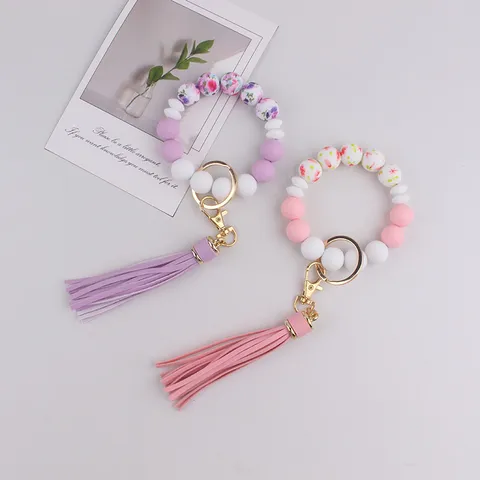 Silicone Beaded Keychain Wristlet For Women Printed Beads Key Ring Bracelet With Leather Tassel Pendant Car Key Chain