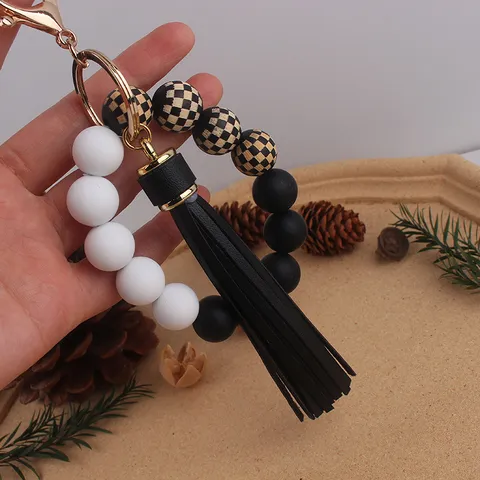 Checkerboard Wooden Bead Silicone Keychain Wristlet Fashion Faux Leather Tassel Key Ring Bangle Bracelet Pendant Ornament For Women Men