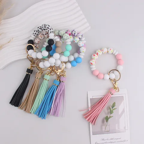 Silicone Beaded Keychain Wristlet For Women Printed Beads Key Ring Bracelet With Leather Tassel Pendant Car Key Chain