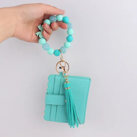 Cartera Tarjetero con Pulsera de Cuentas de Silicona para Mujer Dulce Bolso de Cuero de PVC con Llavero de Lazo y Borla