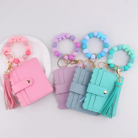 Cartera Tarjetero con Pulsera de Cuentas de Silicona para Mujer Dulce Bolso de Cuero de PVC con Llavero de Lazo y Borla