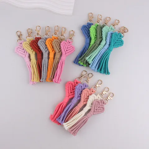 Bohemian Handmade Woven Cotton Cord Heart Tassel Keychain Charm Macrame Bag Pendant Key Ring Accessory For Women Girls Gift