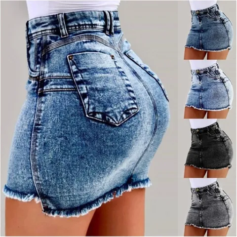 Women's Sexy High Waist Denim Skirt Frayed Hem Tassel Hip-hugging Mini Skirt Summer Fashion Bodycon Polyester Denim Bottom