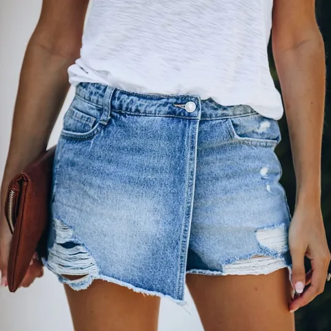 Women's Summer Casual Washed Ripped Denim Skort Raw Hem Distressed Cotton Blend Mid Waist Jean Shorts Streetwear Fashion