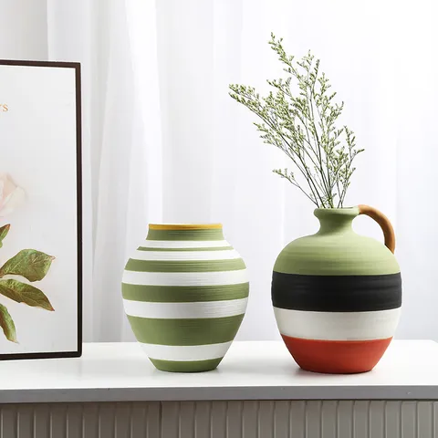 Vase en Céramique Peint à la Main Minimaliste Nordique Décoration Salon Bureau Pot de Fleur Rayé