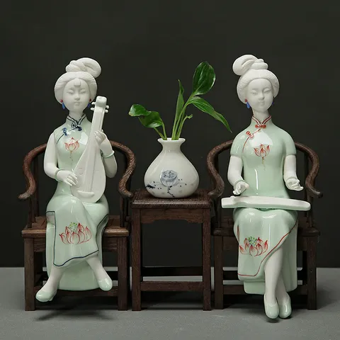 Figurine de Dame Classique en Céramique Faite Main Décoration Intérieure Ornements Peints de Lotus