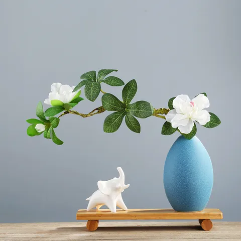 Ensemble de Vases en Céramique Minimaliste Nordique Porcelaine Blanche Décoration d'Intérieur Ornements de Table Avec Base en Bois Et Fleur Artificielle