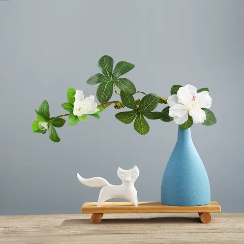 Ensemble de Vases en Céramique Minimaliste Nordique Porcelaine Blanche Décoration d'Intérieur Ornements de Table Avec Base en Bois Et Fleur Artificielle
