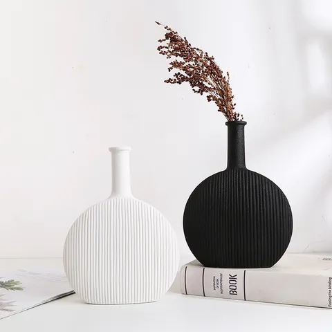 Vase en Céramique Moderne Minimaliste Noir et Blanc Rayé Vase à Fleurs Décor de Table Créatif pour Maison Salon Bureau