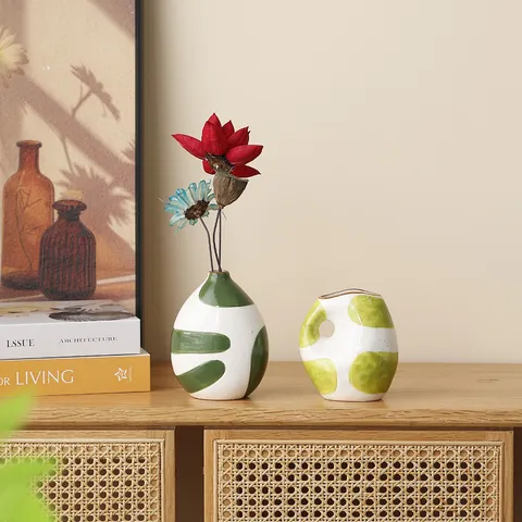 Nouvelle Vase en Céramique Style Wabi-Sabi Peint à Main Pois Art Arrangement Floral Salon Maison Décor