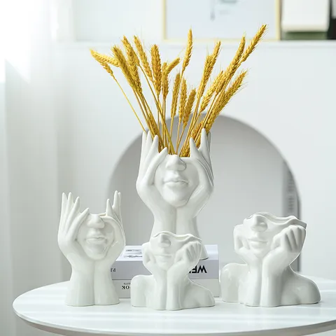 Moderne Minimaliste Visage Abstrait Vase en Céramique Blanc Broyant Figure Humaine Artistique Pot de Fleurs Décoration