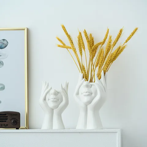 Moderne Minimaliste Visage Abstrait Vase en Céramique Blanc Broyant Figure Humaine Artistique Pot de Fleurs Décoration