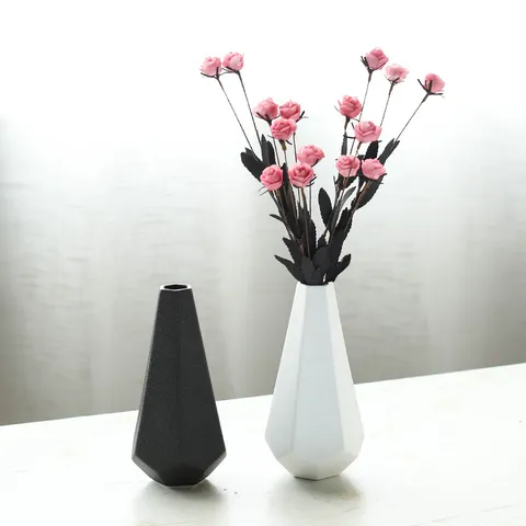 Vase à Fleurs en Céramique Géométrique Moderne Noir Mat Et Blanc Décoration De Bureau Pot De Fleurs Minimaliste Pour Salon Table Maison
