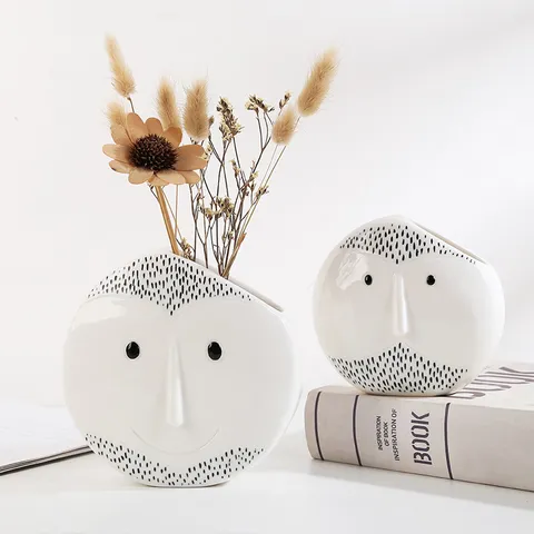 Vase en Céramique Visage Abstrait Minimaliste Nordique Noir Blanc Peint à la Main Vase à Fleurs Décor de Table