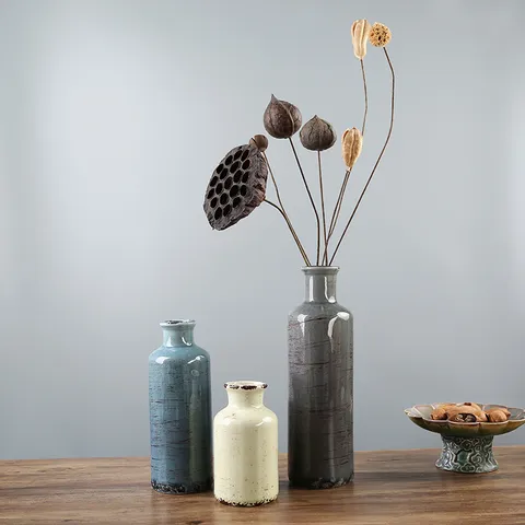 Vase en Céramique Bohémien Rustique Set de 3 Pièces Vintage Émail Craquelé Morandi Vase à Fleurs Décoratif de Table pour Maison
