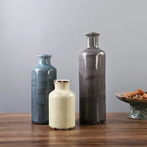Vase en Céramique Bohémien Rustique Set de 3 Pièces Vintage Émail Craquelé Morandi Vase à Fleurs Décoratif de Table pour Maison