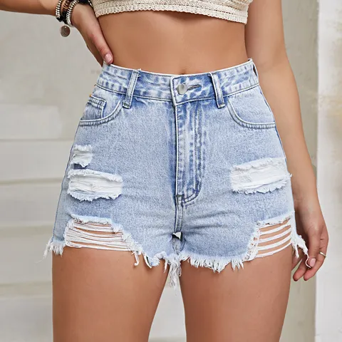 Women Distressed Denim Shorts Mid Waist Ripped Raw Hem Jean Shorts Washed Summer Casual Streetwear Bottom