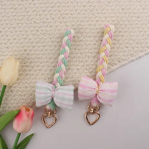 Süß Macaron Geflochtenes Schlüsselband Schleife Schlüsselanhänger Herz Legierung Hummer Verschluss Kariert Stoff Taschenanhänger Auto Schlüsselring Geschenke