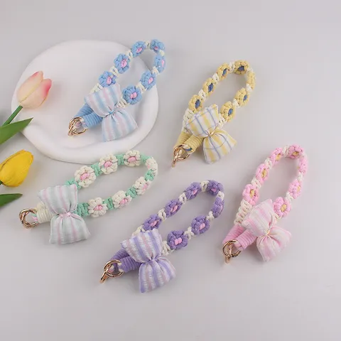 Handgemachte Gewebte Blume Schleife Handykette Schlüsselanhänger Süß Stoff Floral Schlüsselring Anhänger Für Tasche Damen Telefon