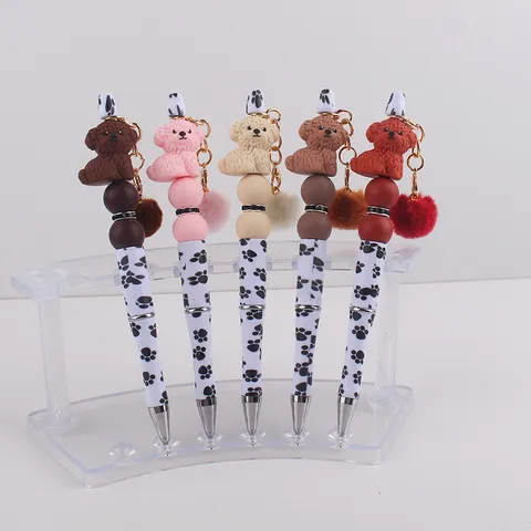 Cute Cartoon Dog Silicone Beaded Ballpoint Pen With Pompom Pendant Colorful Plastic Paw Print Writing Pen Office School Stationery Gift