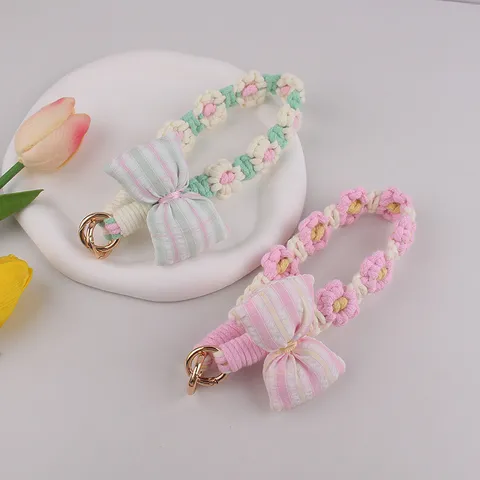 Handgemachte Gewebte Blume Schleife Handykette Schlüsselanhänger Süß Stoff Floral Schlüsselring Anhänger Für Tasche Damen Telefon