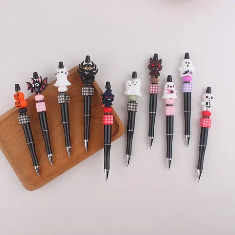 Halloween Beaded Gel Pens Novelty Plastic Ballpoint Pen With Silicone Cartoon Topper Colored Beads For Writing School Stationery Supplies