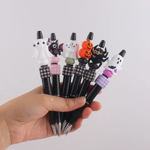 Halloween Beaded Gel Pens Novelty Plastic Ballpoint Pen With Silicone Cartoon Topper Colored Beads For Writing School Stationery Supplies