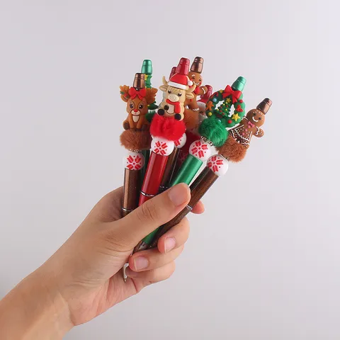 Christmas Beaded Ballpoint Pen Silicone Beads Colorful Plastic Novelty Pens With Cartoon Ornament Pompom Stationery Gift For School Office Universal