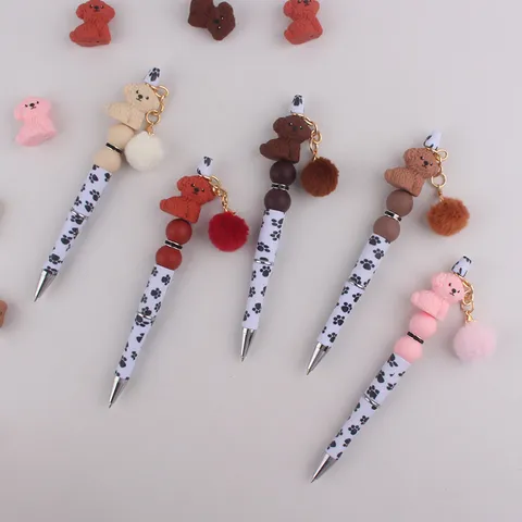 Cute Cartoon Dog Silicone Beaded Ballpoint Pen With Pompom Pendant Colorful Plastic Paw Print Writing Pen Office School Stationery Gift