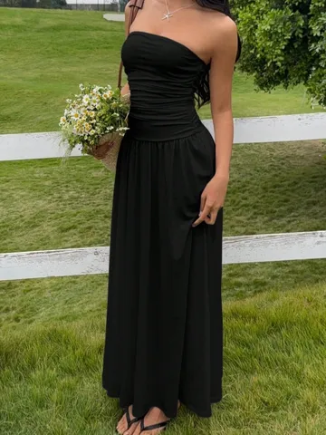 Women Off Shoulder Ruched Maxi Dress Solid Color Slim Fit A-Line Long Beach Sun Dress Elegant Vacation Party Sleeveless Vestido