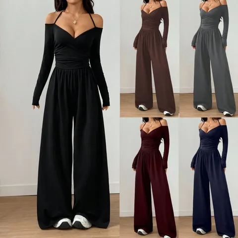 Γυναικεία Ολόσωμη Φόρμα Με Λαιμόκοψη V Halter Μακρύ Μανίκι Εξώπλατη Φαρδύ Παντελόνι Ψηλόμεσο Bodycon Romper Μονόχρωμη Casual Streetwear Πάρτι Ολόσωμη Φόρμα
