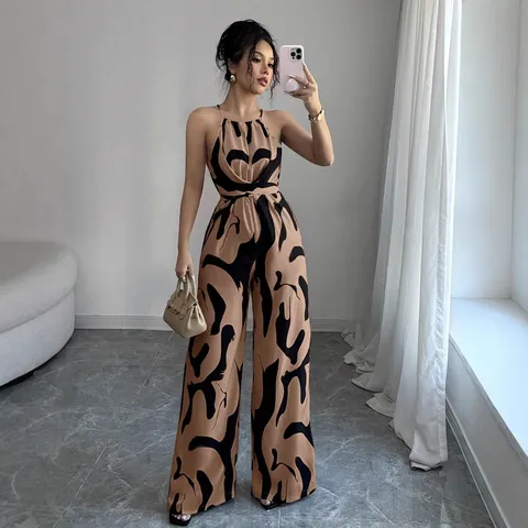 Women Halter Neck Jumpsuit Polyester Spandex Printed Wide Leg Pants Slim Fit Sleeveless Top And Bottom Jumpsuit