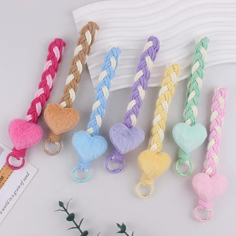 Autumn Winter Plush Heart Keychain Woven Cotton Rope Phone Lanyard Bag Pendant For Women Heart Pattern Woven Key Ring