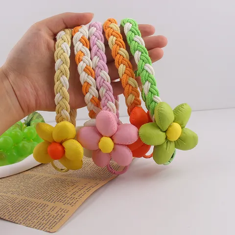 Süßer Gewebter Blumen Schlüsselanhänger Lanyard Legierung Baumwollkordel Geflochtenes Telefonband Umhängeband Schlüsselring Halter Ornament Für Damen