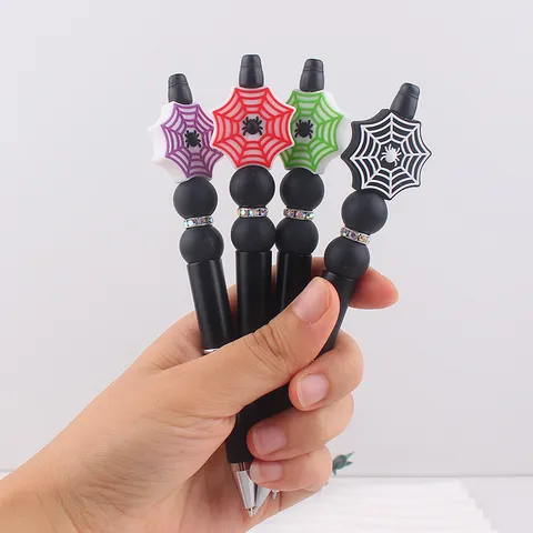 Handmade Halloween Beaded Ballpoint Pen Silicone Spider Web Design With Rhinestone Decor Plastic Writing Pen For Party Gift Office