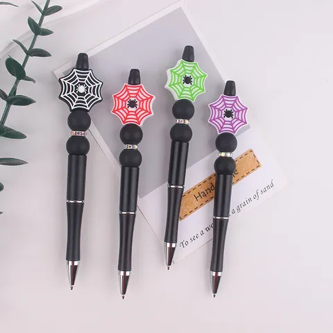 Handmade Halloween Beaded Ballpoint Pen Silicone Spider Web Design With Rhinestone Decor Plastic Writing Pen For Party Gift Office