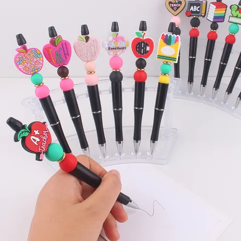 DIY Perlen Kugelschreiber Cartoon Silikon Apfel Regenbogen Anhänger Kunststoff Drehmechanismus Schreibwaren Geschenke Für Lehrertag Schule Büro