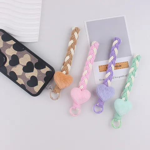 Autumn Winter Plush Heart Keychain Woven Cotton Rope Phone Lanyard Bag Pendant For Women Heart Pattern Woven Key Ring