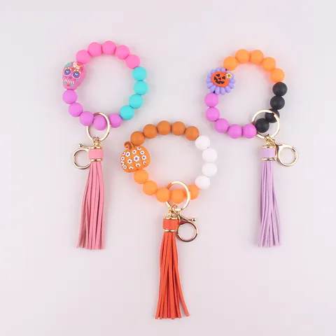 Halloween Silicone Bead Bracelet Keychain With Leather Tassel Pumpkin Skull Pendant Food Grade Silicone Bangle Key Ring Holiday Gift For Women